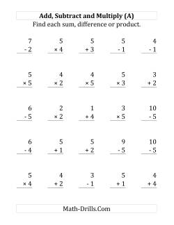 Adding, Subtracting and Multiplying with Facts From 1 to 5