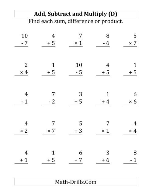 The Adding, Subtracting and Multiplying with Facts From 1 to 7 (D) Math Worksheet