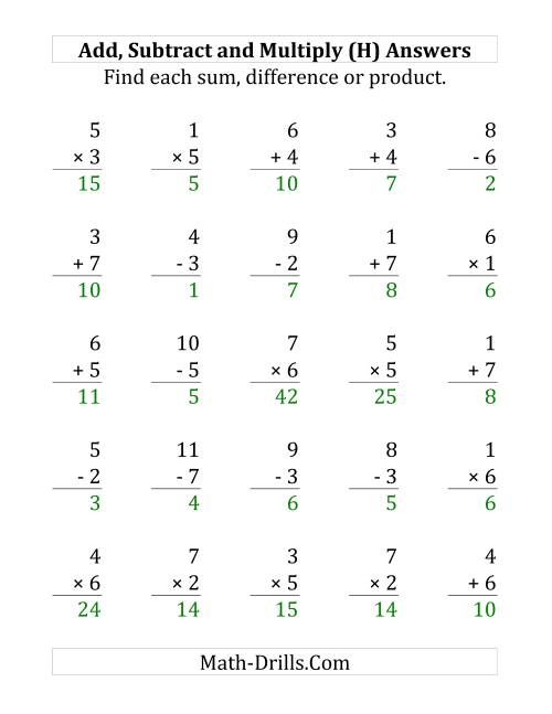 The Adding, Subtracting and Multiplying with Facts From 1 to 7 (H) Math Worksheet Page 2