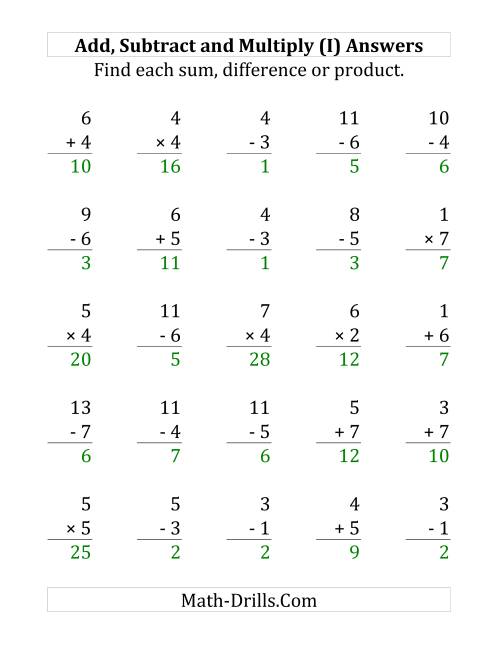 The Adding, Subtracting and Multiplying with Facts From 1 to 7 (I) Math Worksheet Page 2