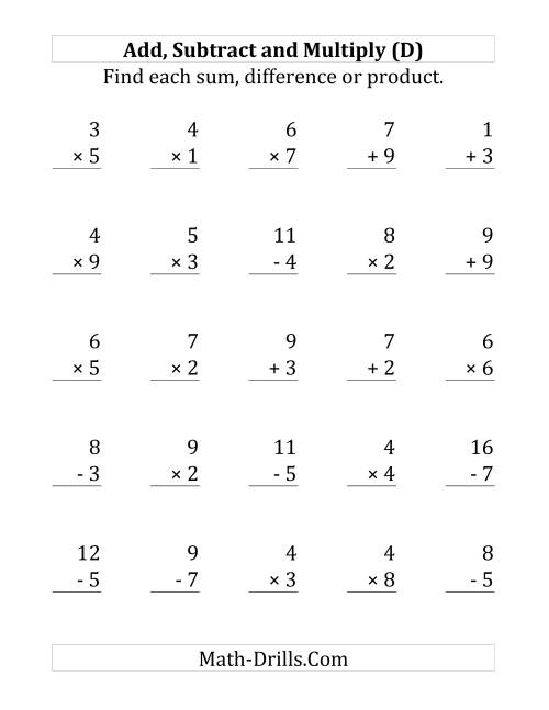 The Adding, Subtracting and Multiplying with Facts From 1 to 9 (D) Math Worksheet