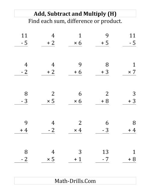The Adding, Subtracting and Multiplying with Facts From 1 to 9 (H) Math Worksheet