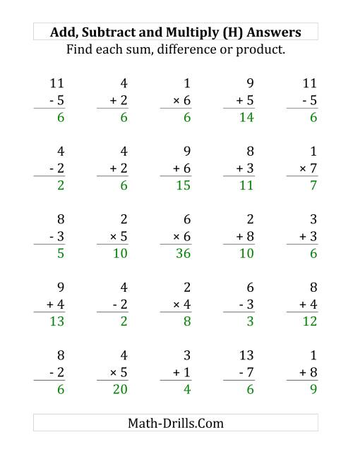 The Adding, Subtracting and Multiplying with Facts From 1 to 9 (H) Math Worksheet Page 2