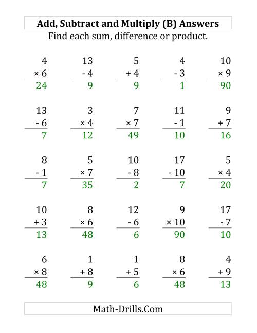 The Adding, Subtracting and Multiplying with Facts From 1 to 10 (B) Math Worksheet Page 2