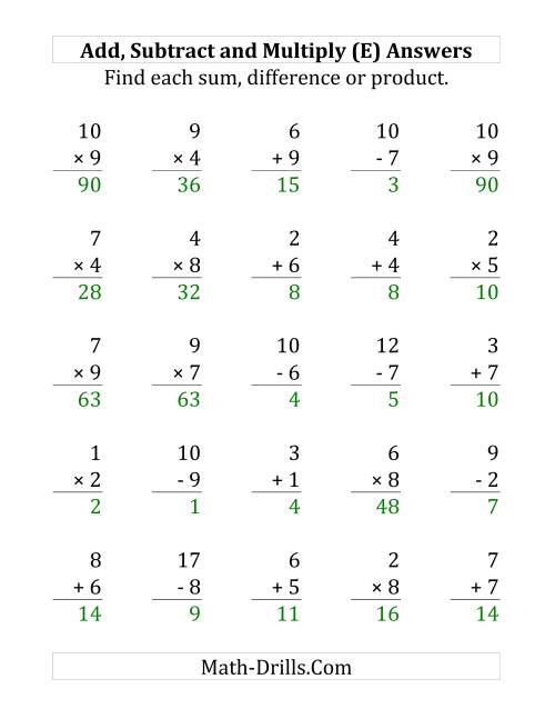 The Adding, Subtracting and Multiplying with Facts From 1 to 10 (E) Math Worksheet Page 2