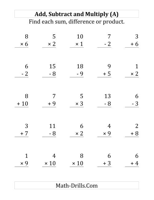 Adding Subtracting And Multiplying With Facts From 1 To 10 Large Print 