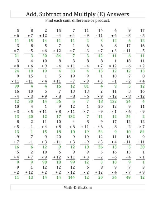 Adding, Subtracting and Multiplying with Facts From 1 to 12 (E)