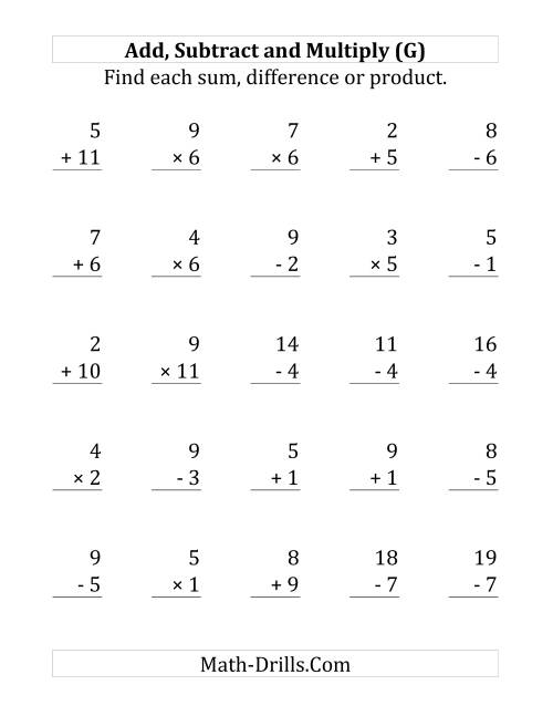 The Adding, Subtracting and Multiplying with Facts From 1 to 12 (G) Math Worksheet
