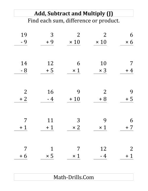 The Adding, Subtracting and Multiplying with Facts From 1 to 12 (J) Math Worksheet