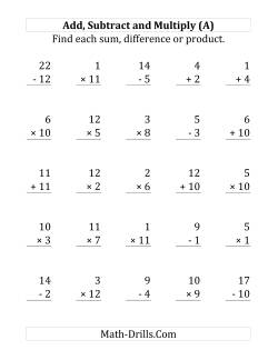 Adding, Subtracting and Multiplying with Facts From 1 to 12