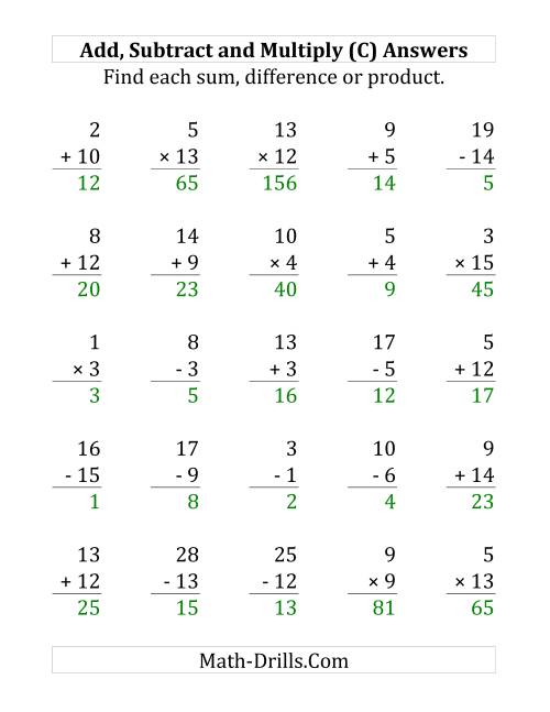 The Adding, Subtracting and Multiplying with Facts From 1 to 15 (C) Math Worksheet Page 2
