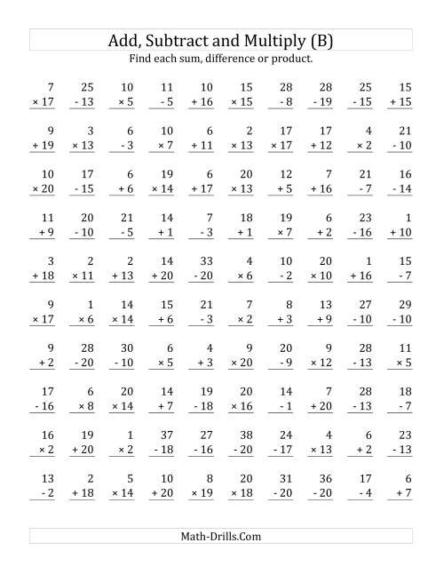 The Adding, Subtracting and Multiplying with Facts From 1 to 20 (B) Math Worksheet