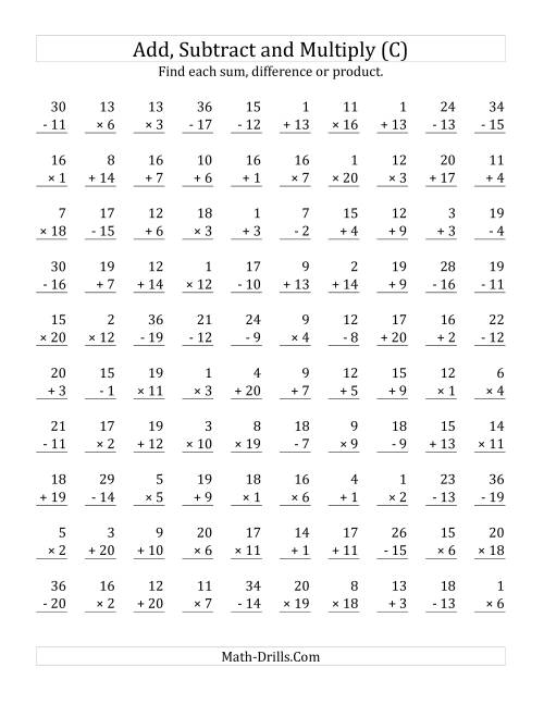 The Adding, Subtracting and Multiplying with Facts From 1 to 20 (C) Math Worksheet
