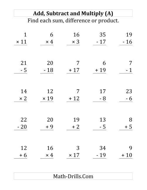 Math Worksheets For Addition Subtraction Multiplication And Division