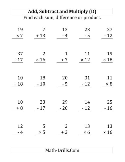 The Adding, Subtracting and Multiplying with Facts From 1 to 20 (D) Math Worksheet