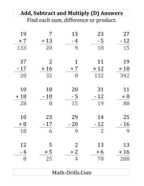 The Adding, Subtracting and Multiplying with Facts From 1 to 20 (D) Math Worksheet Page 2