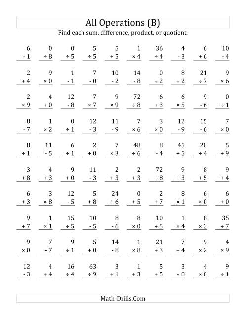 The All Operations with Facts From 0 to 9 (B) Math Worksheet