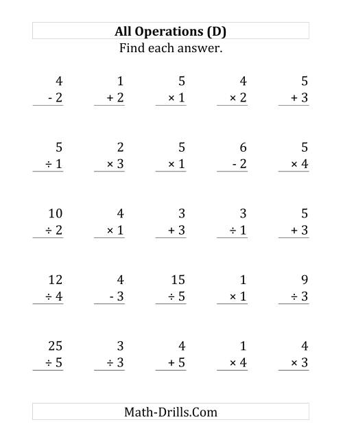 The All Operations with Facts From 1 to 5 (D) Math Worksheet