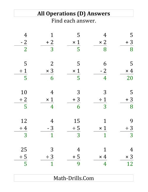 The All Operations with Facts From 1 to 5 (D) Math Worksheet Page 2