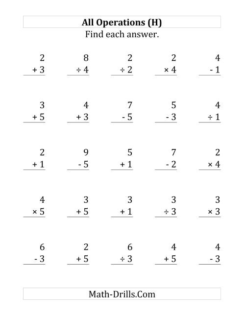 The All Operations with Facts From 1 to 5 (H) Math Worksheet