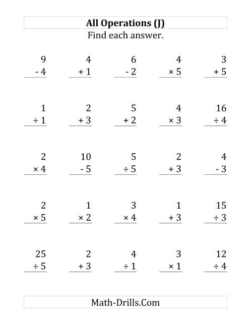 The All Operations with Facts From 1 to 5 (J) Math Worksheet