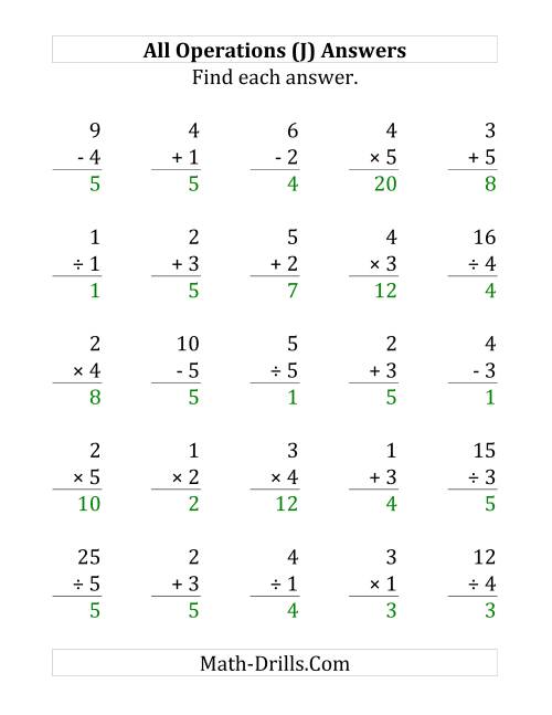 The All Operations with Facts From 1 to 5 (J) Math Worksheet Page 2