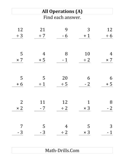 The All Operations with Facts From 1 to 7 (Large Print) Math Worksheet