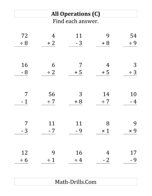 The All Operations with Facts From 1 to 9 (C) Math Worksheet