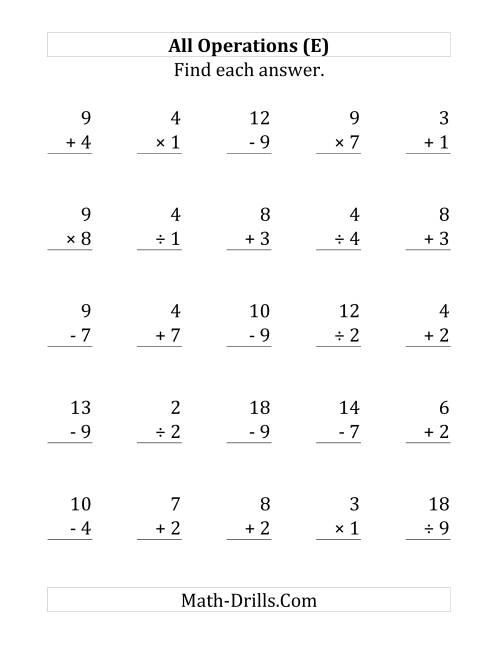 The All Operations with Facts From 1 to 9 (E) Math Worksheet