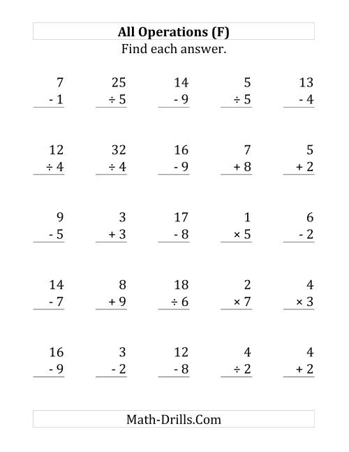 The All Operations with Facts From 1 to 9 (F) Math Worksheet