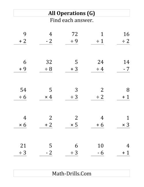 The All Operations with Facts From 1 to 9 (G) Math Worksheet