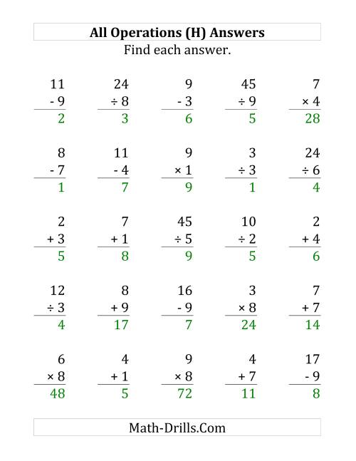 The All Operations with Facts From 1 to 9 (H) Math Worksheet Page 2