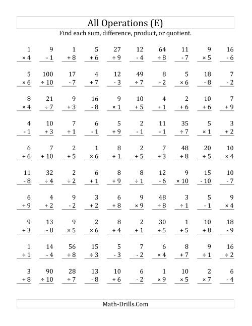 The All Operations with Facts From 1 to 10 (E) Math Worksheet