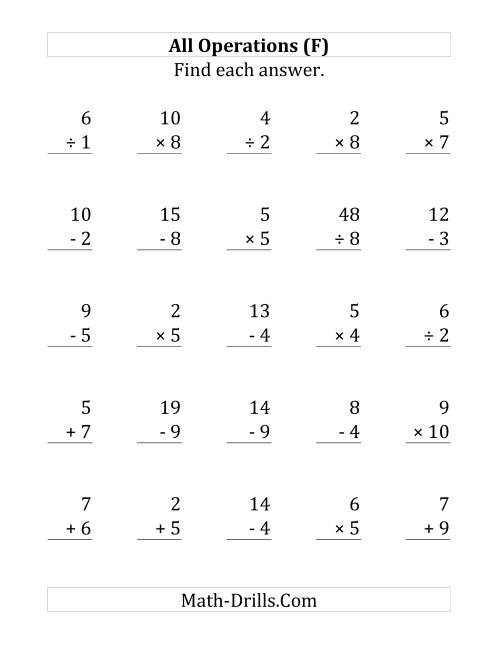 The All Operations with Facts From 1 to 10 (F) Math Worksheet