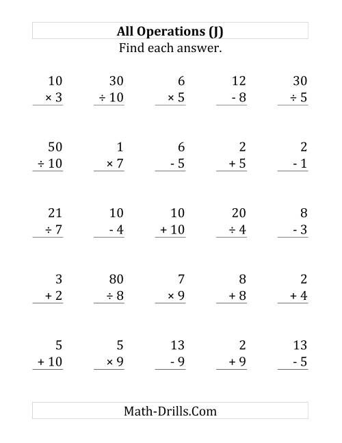 The All Operations with Facts From 1 to 10 (J) Math Worksheet