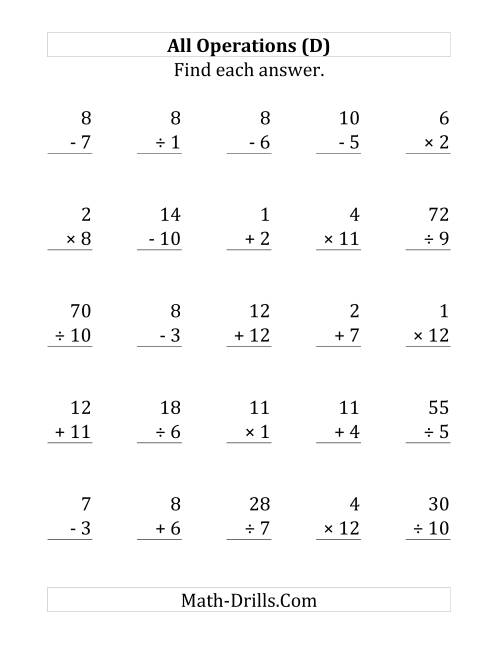 The All Operations with Facts From 1 to 12 (D) Math Worksheet