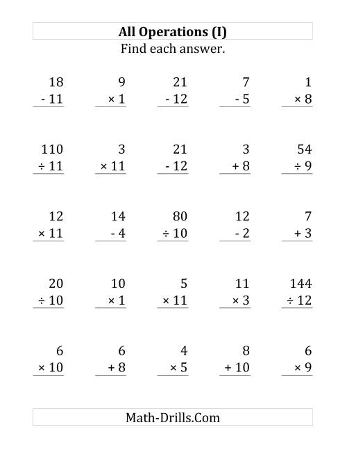 The All Operations with Facts From 1 to 12 (I) Math Worksheet