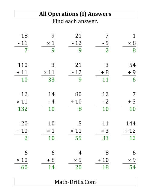 The All Operations with Facts From 1 to 12 (I) Math Worksheet Page 2
