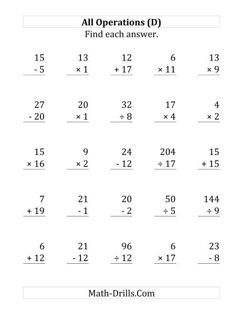 The All Operations with Facts From 1 to 20 (D) Math Worksheet