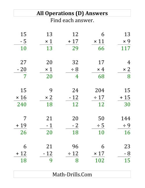 The All Operations with Facts From 1 to 20 (D) Math Worksheet Page 2