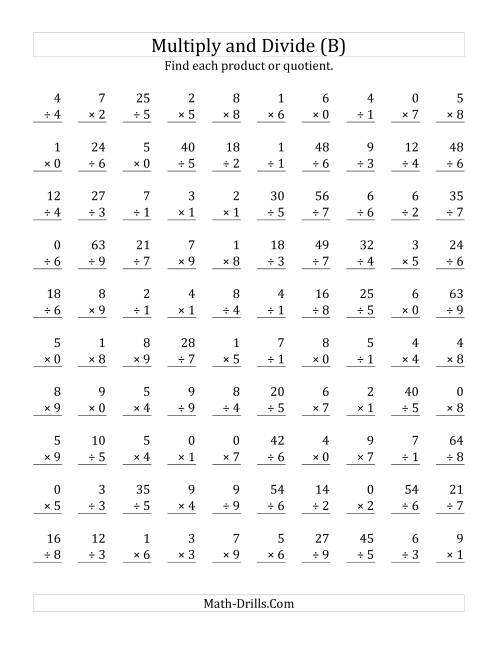 The Multiplying and Dividing with Facts From 0 to 9 (B) Math Worksheet