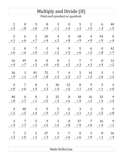 The Multiplying and Dividing with Facts From 0 to 9 (H) Math Worksheet