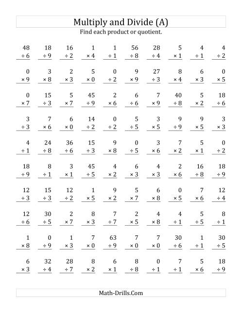 The Multiplying and Dividing with Facts From 0 to 9 (All) Math Worksheet