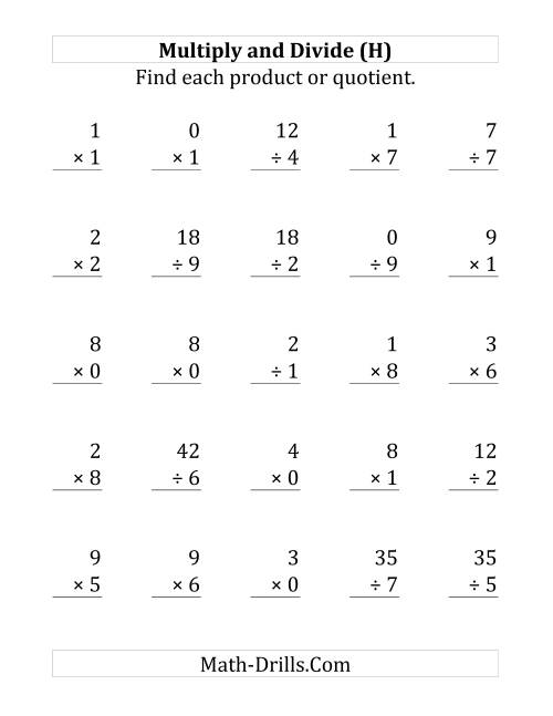 The Multiplying and Dividing with Facts From 0 to 9 (H) Math Worksheet
