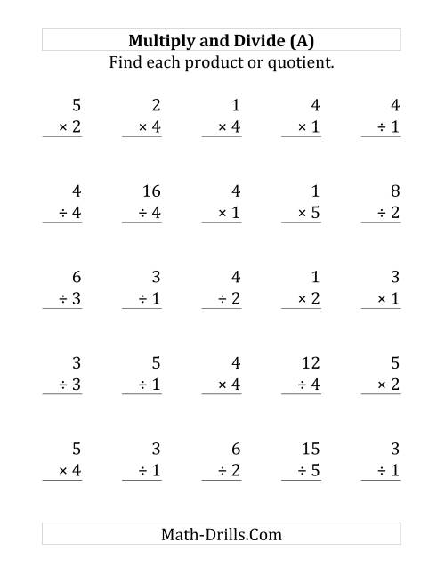 The Multiplying and Dividing with Facts From 1 to 5 (Large Print) Math Worksheet