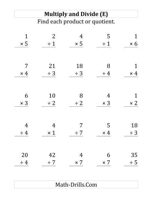 The Multiplying and Dividing with Facts From 1 to 7 (E) Math Worksheet