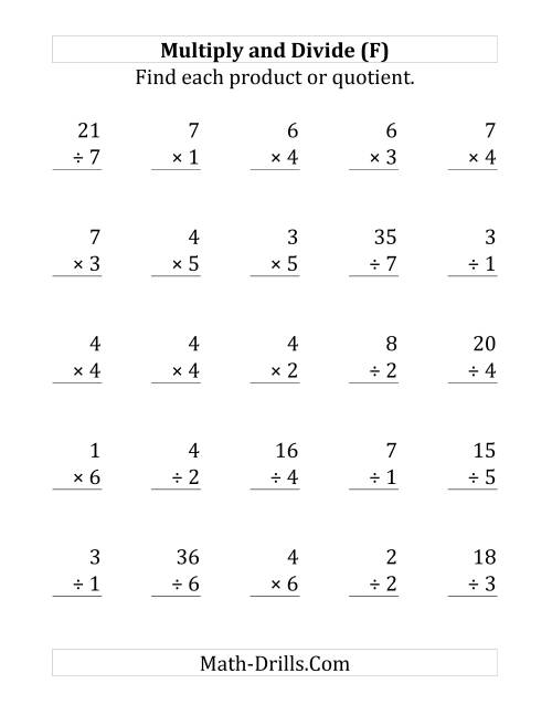 The Multiplying and Dividing with Facts From 1 to 7 (F) Math Worksheet