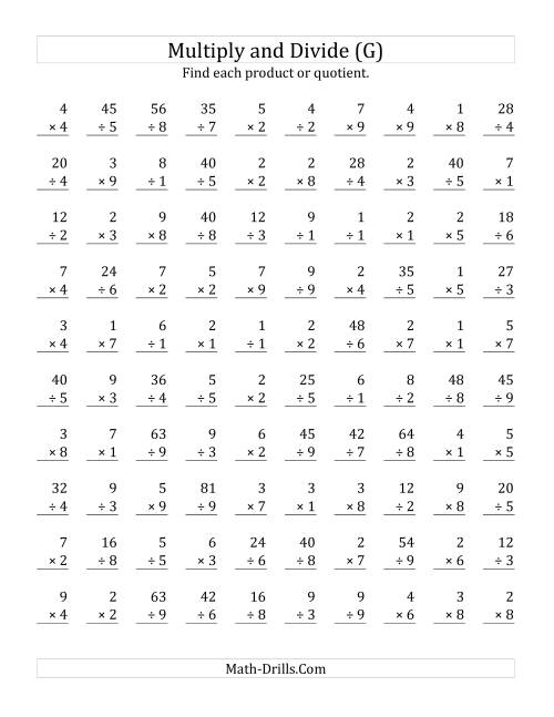 The Multiplying and Dividing with Facts From 1 to 9 (G) Math Worksheet