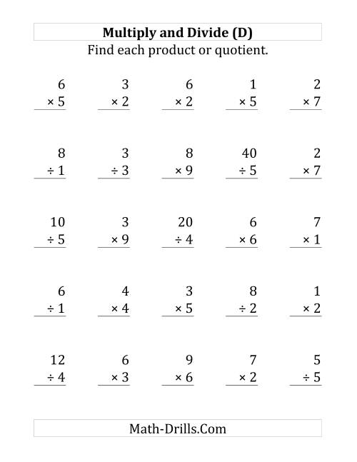 The Multiplying and Dividing with Facts From 1 to 9 (D) Math Worksheet