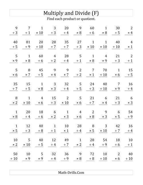 The Multiplying and Dividing with Facts From 1 to 10 (F) Math Worksheet